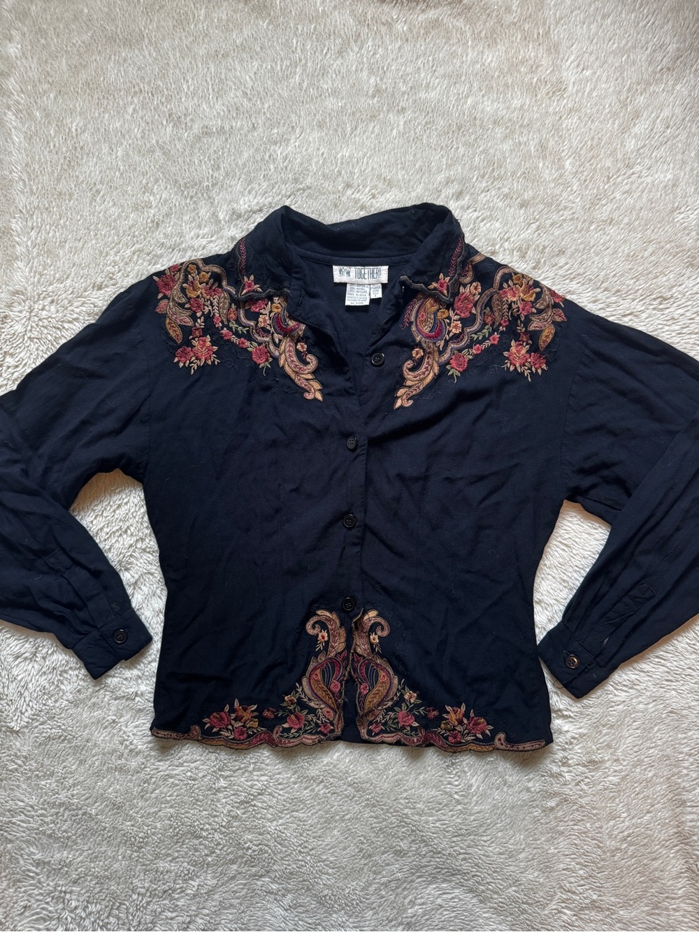 Vintage Black Quarter Sleeve Floral Embroidered Blouse